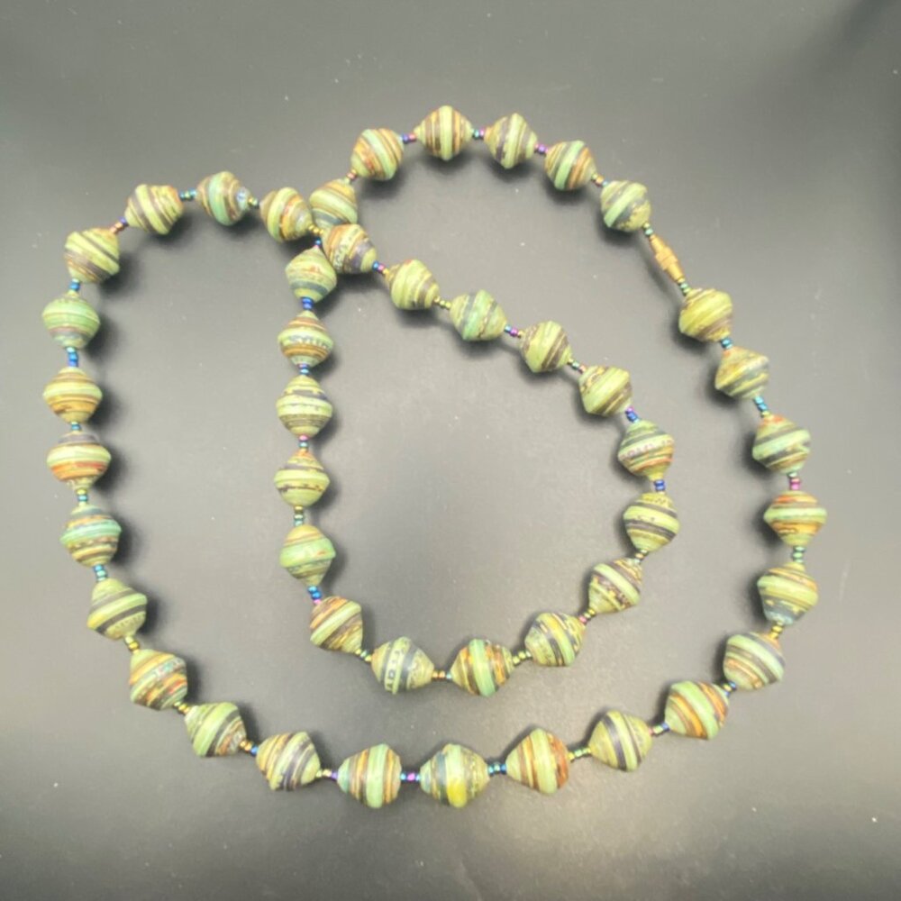 Vintage 34" Paper Glass Bead Necklace Barrel Closure Multicolor Striped Design - Picture 7 of 9
